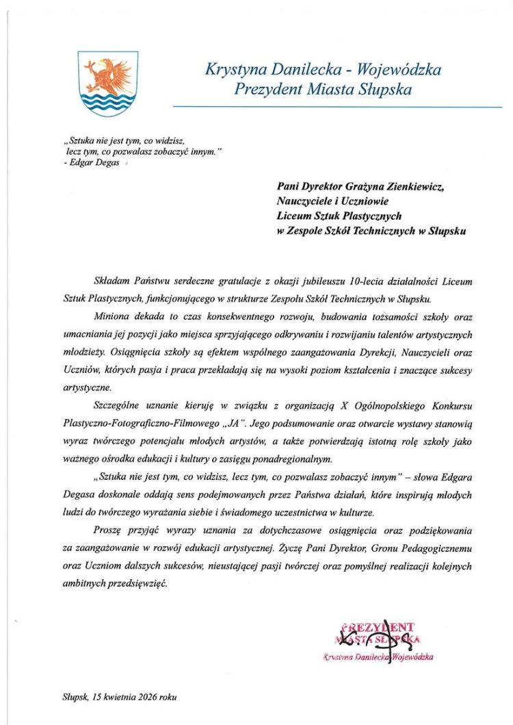 pismo od pani prezydent z okazji 10-lecia Liceum Plastycznego