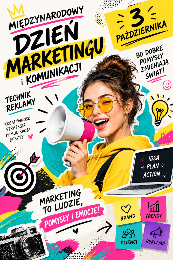 plakat dzień reklamy, młoda dziewczyna krzyczy do megafonu